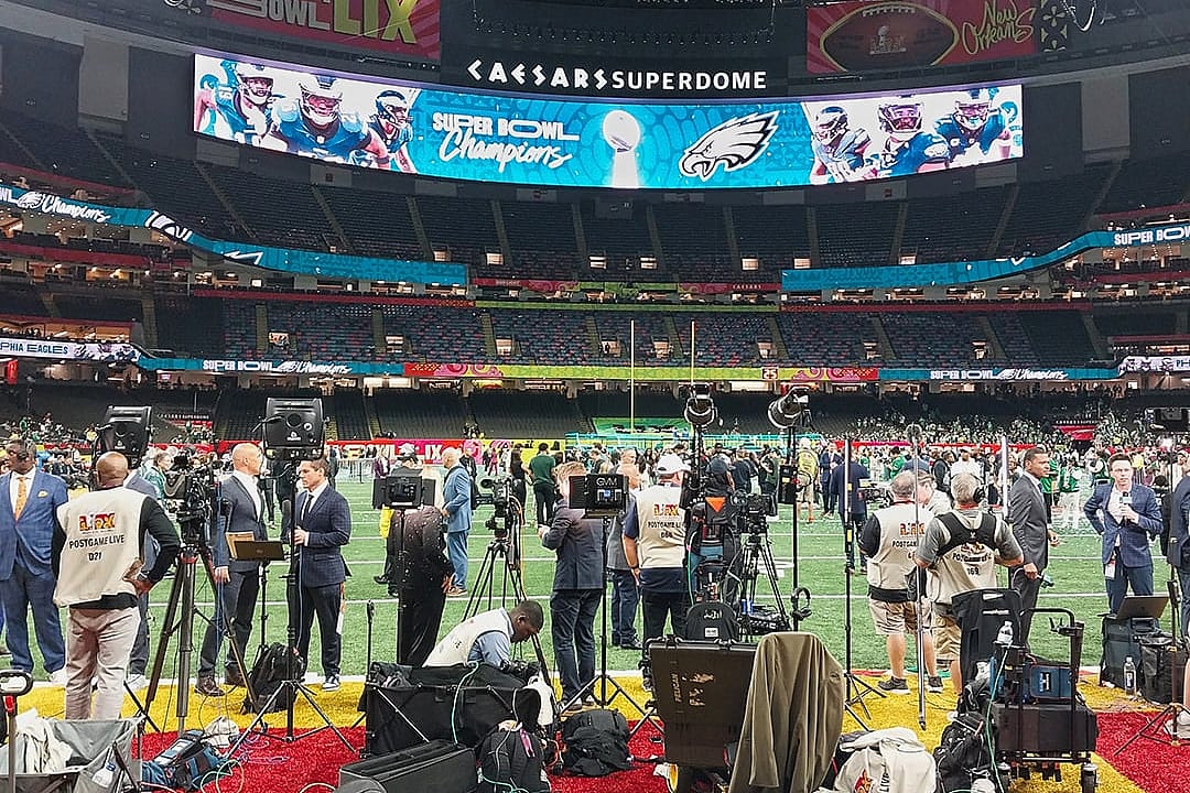 Press and media teams assemble for the Super Bowl LIX on February 9, 2025, at the Caesars Superdome in New Orleans, Louisiana.